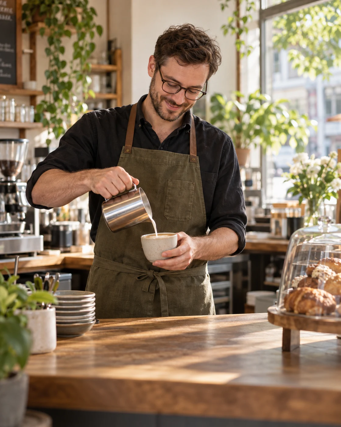 A café manager welcoming another day