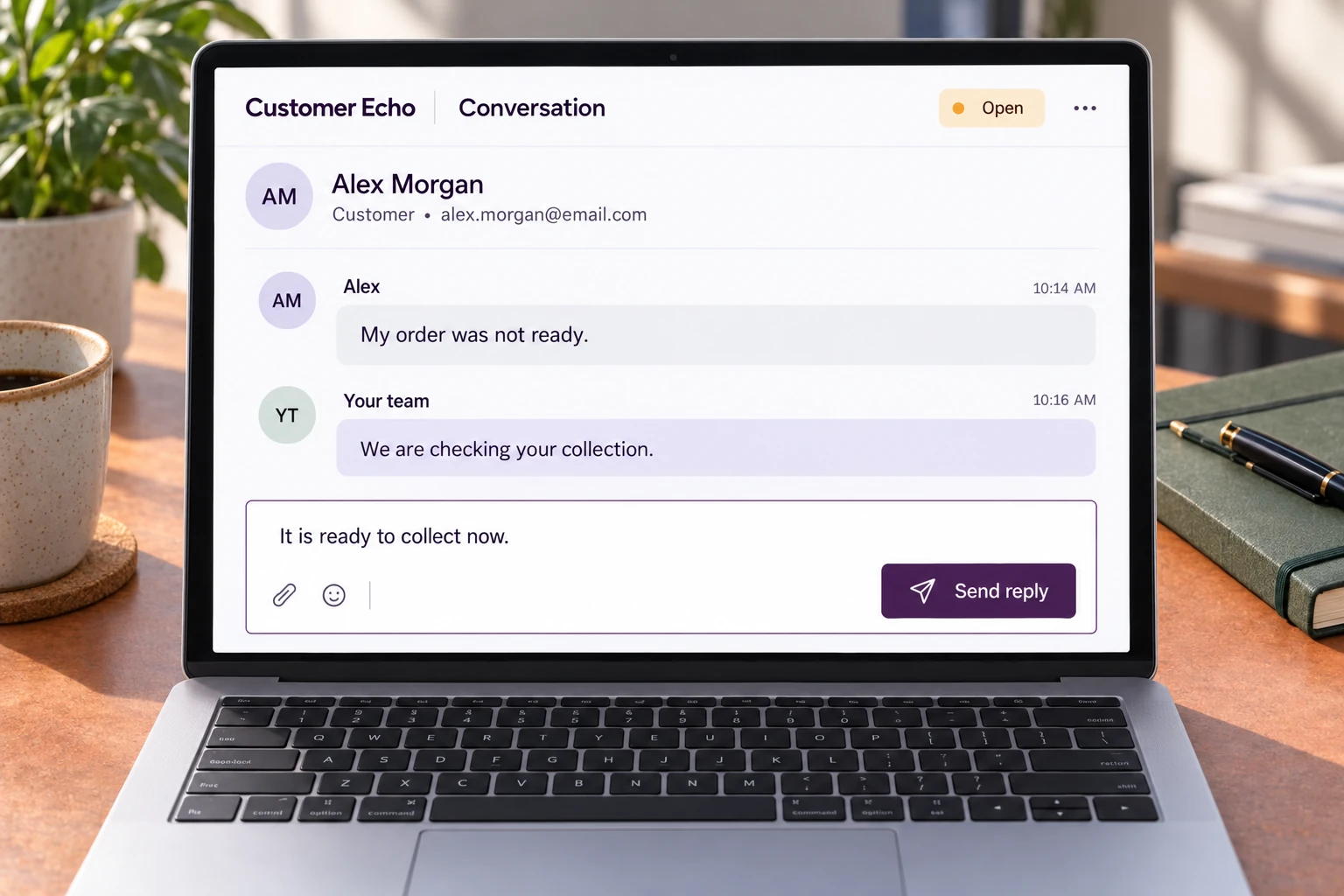 A customer conversation has a reply composer and a send-reply action.