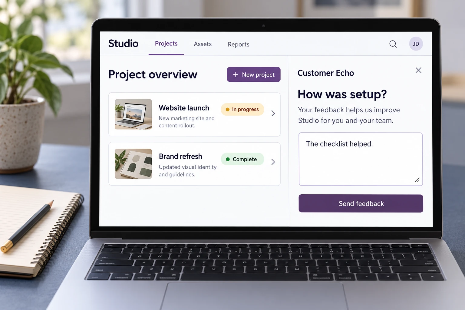 A software workspace with a feedback panel embedded beside project information.