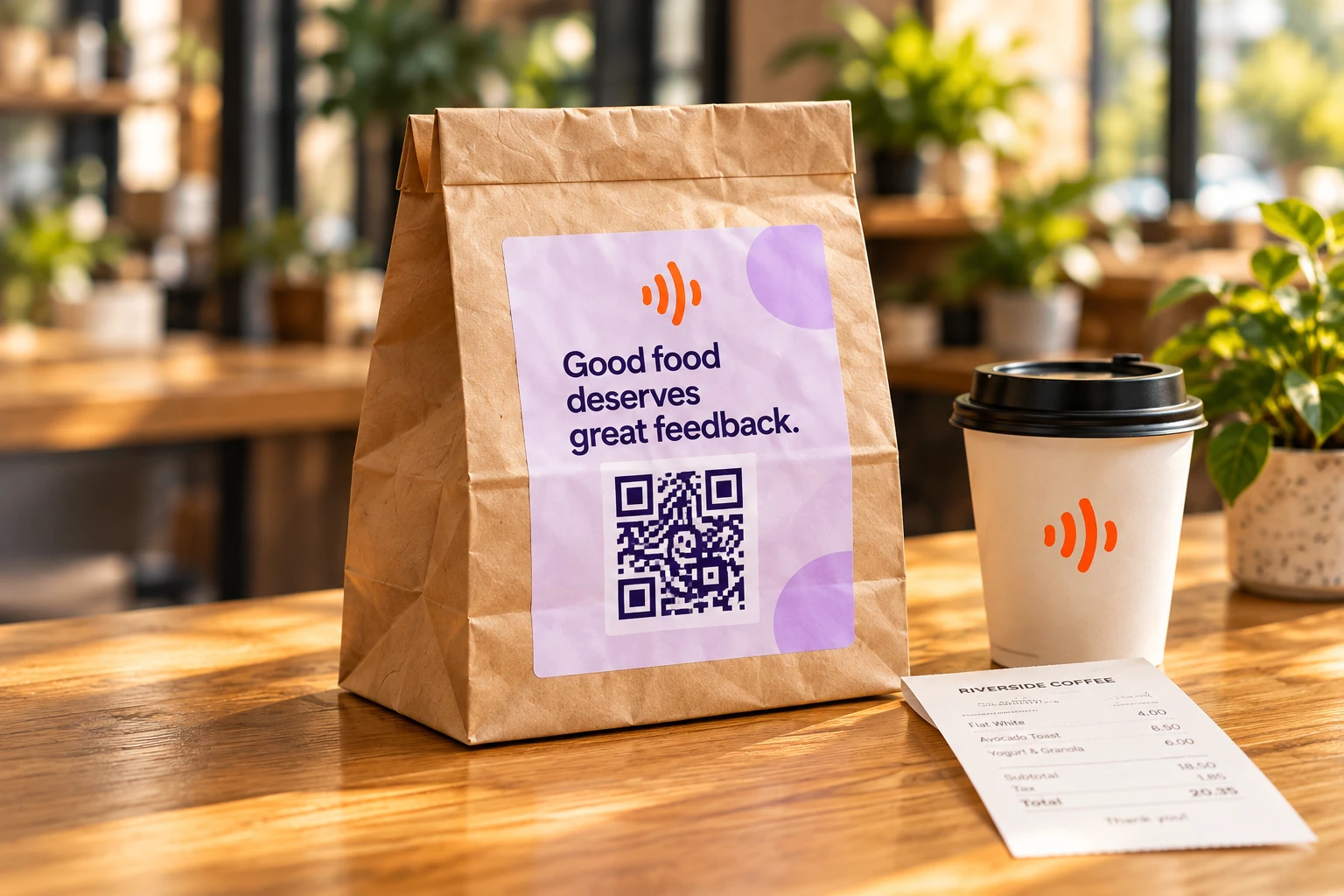 A feedback QR label on a takeaway bag beside a coffee cup and receipt